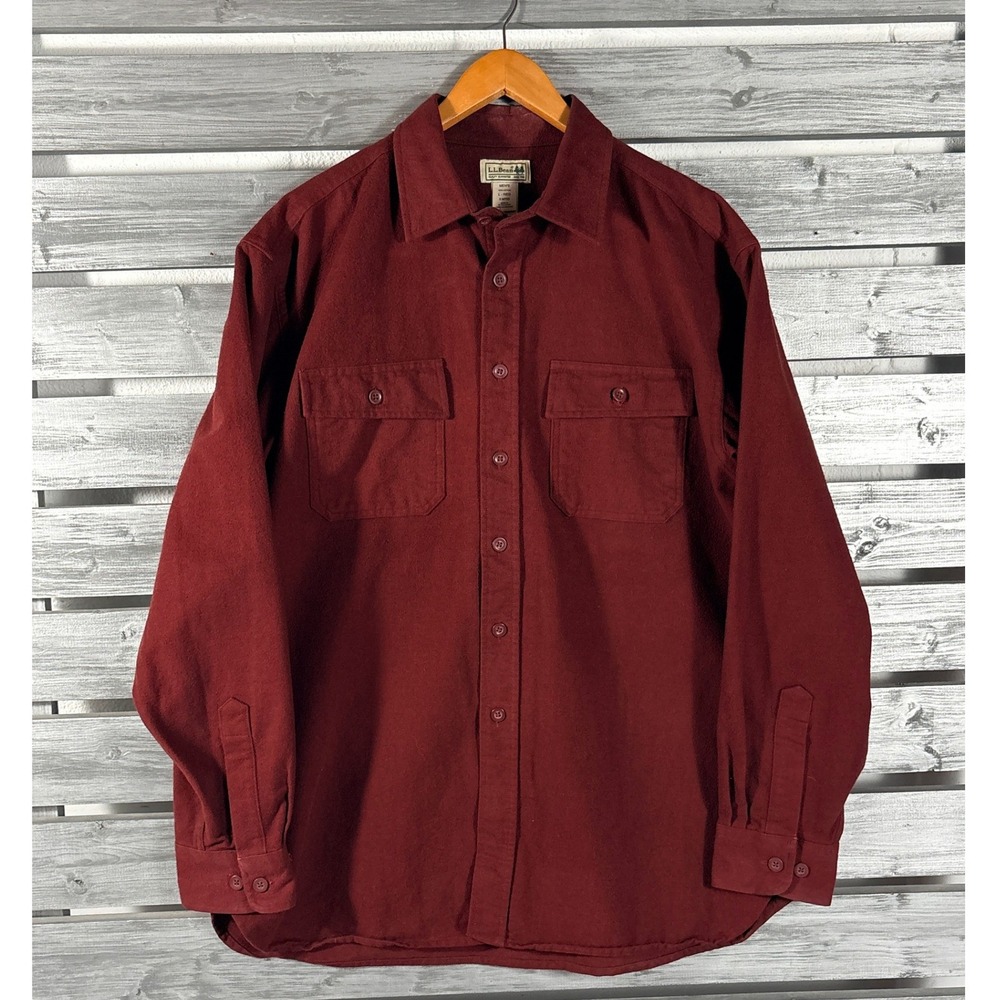 LL Bean Mens Large Chamois Heavyweight Shirt Burgundy Cotton Long Sleeve 0MT03
